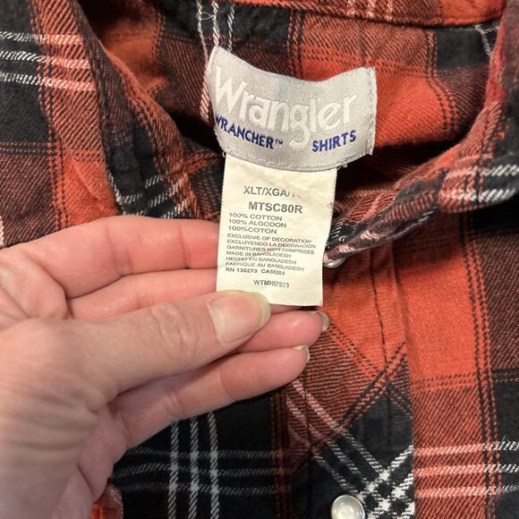 Wrangler Wrancher Western Flannel Shirt Mens XLT Red Plaid Pearl Snap Cowboy Vtg - Picture 5 of 6